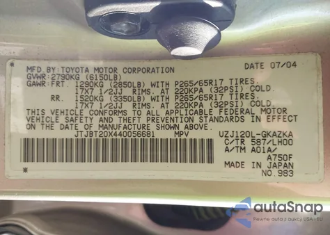 2004 Lexus Gx 470 from USA, damaged, VIN JTJBT20X440056681